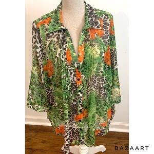 Canda C&A  Sheer Women Blouse Leopard print 3/4 Sleeves Sz:  US 2XL/EU 50-52